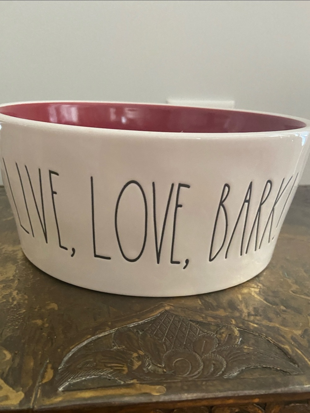 Rae Dunn Cream Extra Large Dog Bowl with Red Interior - "Live, Love, Bark!" NWOT